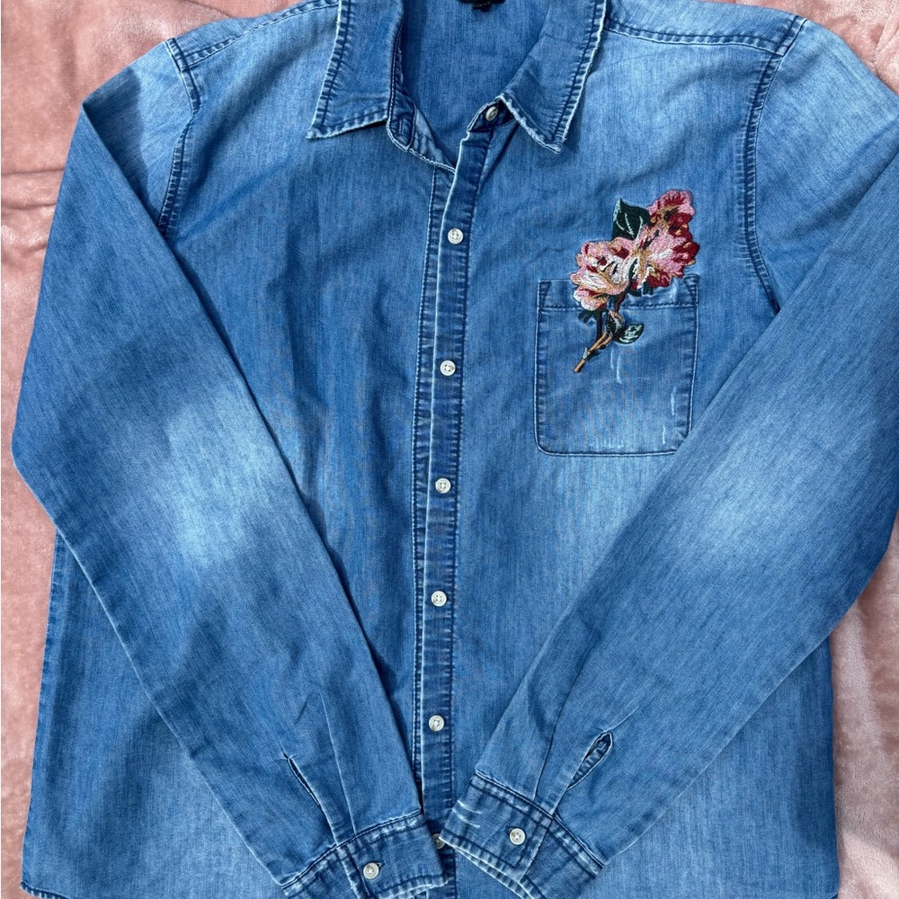 Joe's Jeans Denim Button Down Shirt with Floral Embroidery